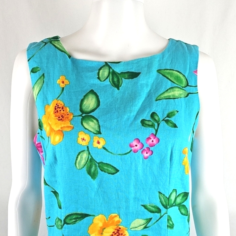 Talbots 100% Linen Bright Aqua Pink Yellow Floral Print Sleeveless Sheath Dress - Picture 4 of 16